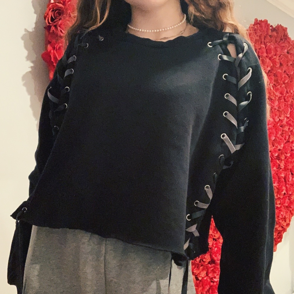 cropped black lace up sweater